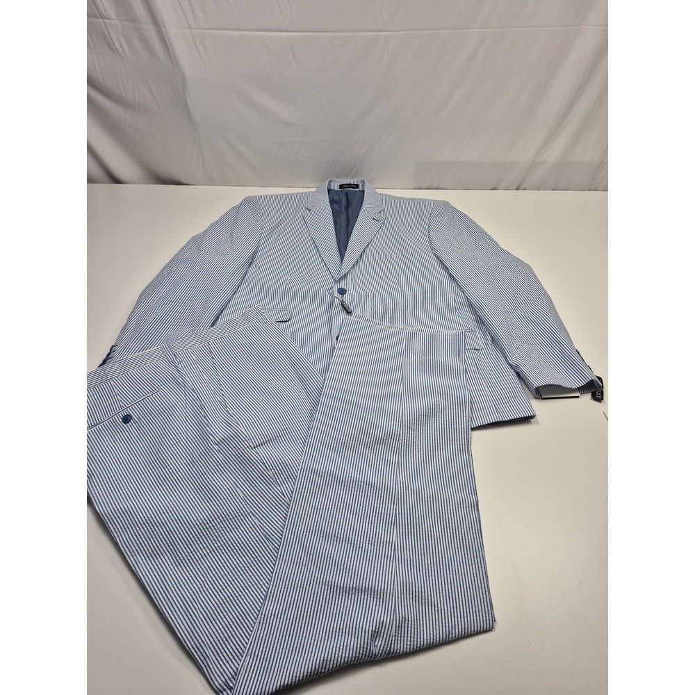 Inserch Suit Mens 52 Blue 100% Cotton Seersucker Stripe 3 Piece 46x36 NWT